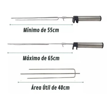 Espeto Giratório A Pilha Inox Regulável 50 a 65cm Churrasco