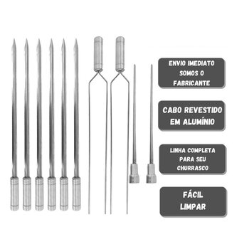 KIT 10 ESPETOS DE INOX 40CM ESPADA DUPLO E CORACAO CHURRASCO