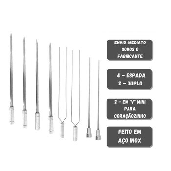 8x Espetos De Inox 40cm Espada, Duplo e Coração - Churrasco