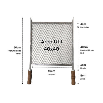 Kit Grelha Inox 40x40 Espeto Duplo Espada 50cm Cabo Madeira