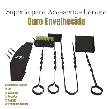 Kit Suporte com Acessorios Lareira Ouro Envelhecido