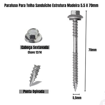 Parafuso Telha Sanduíche Estrutura Madeira 5.5X70mm 50 Uni