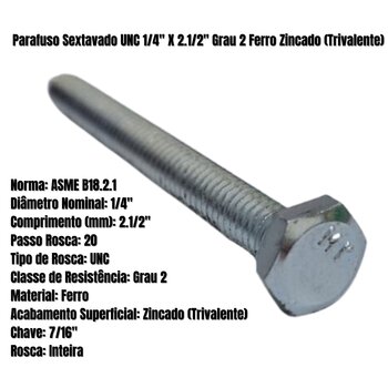 Kit 50 Parafuso Sextavado 1/4 X 2.1/2 Zincado Rosca Inteira