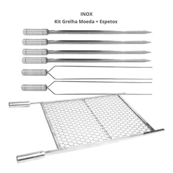 Kit Grelha Moeda 70x50 + 6 Espetos Espada E Duplo Churrasco