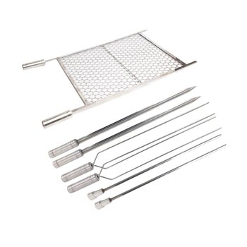 Kit Grelha Moeda Inox 70x40 + 6 Espetos Coração Espada Duplo