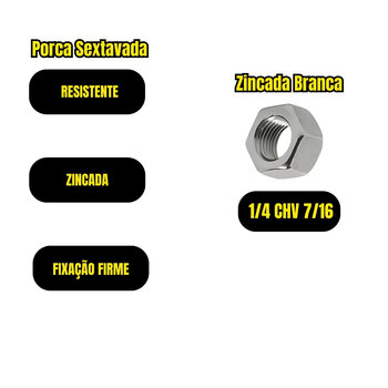 Porca Sextavada 1/4 Chave 7/16 Aço Zincado Branco 100und