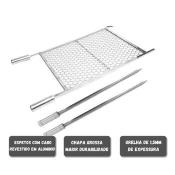 Kit Grelha Moeda Inox 70x60 Mais Espeto Espada P/ Churrasco