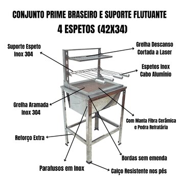 Conjunto Prime Braseiro com Suporte Flutuante 4 Espetos Inox