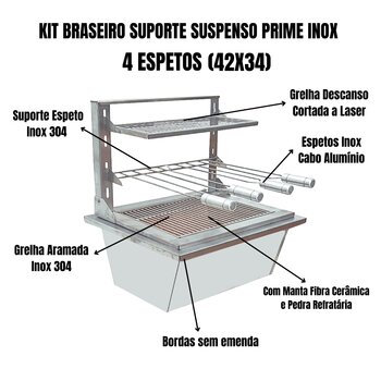 Kit Braseiro Suporte Suspenso Prime Inox 42x34 Espeto Grelha