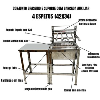 Conjunto Braseiro e Suporte com Bancada Auxiliar Churrasco