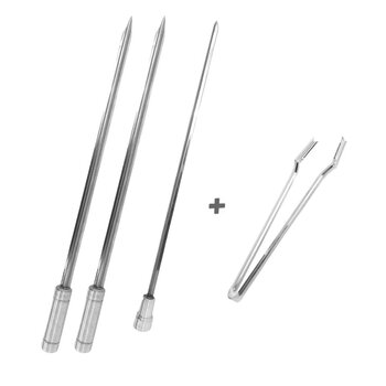 Kit 3x Espetos Espada, Coração 50cm E Pegador De Carne Inox