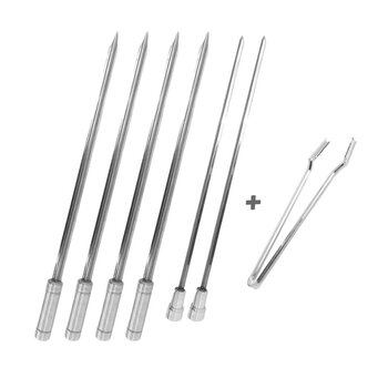 Kit 6x Espetos Inox 40cm Mais Pegador De Carnes, Churrasco