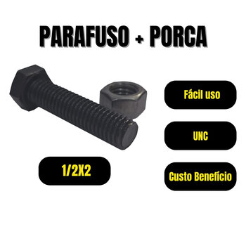 Kit 10 Parafuso Sextavado UNC RI 1/2x2 + Porca Sextavada 1/2