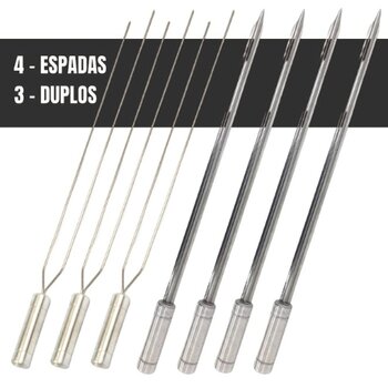 7x Espetos Churrasco Inox Lâmina 80cm 3 Duplos E 4 Espadas