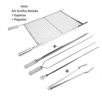 Kit Grelha Inox 40x50 E 3 Espetos 70cm E Pegador Carnes Inox