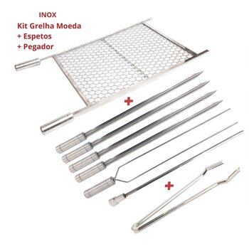 Kit Grelha Inox 70x50 E 6 Espetos E Pegador Carnes Churrasco