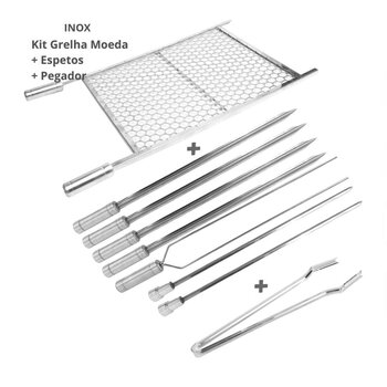 Kit Churrasco 100% Inox, Grelha 70x40 Com 7 Espetos, Pegador