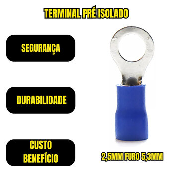 Terminal Pré Isolado Olhal Fio 2,5mm Furo 5,3mm 200 Unidades