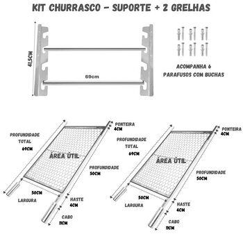 KIT 2 GRELHAS INOX 70X50 COM SUPORTE DE INOX BARRAS ALUMINIO