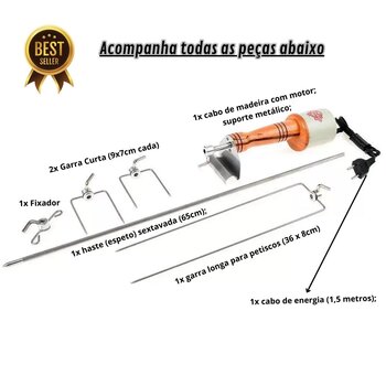 Espeto Portátil Rotativo Giratório Inox Churrasco Eletrico