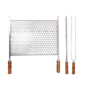 Kit Grelha Moeda Inox 40x36 Para Churrasco Cabo Madeira com Espetos