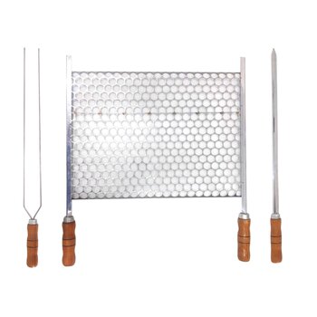 Kit Grelha Moeda Inox 50x36 Para Churrasco Cabo Madeira com Espetos