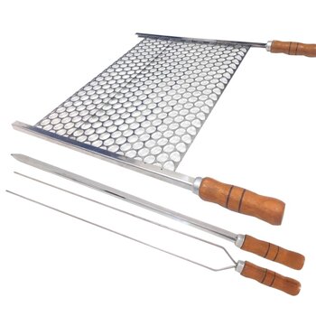 Kit Grelha Moeda Inox 60x36 Para Churrasco Cabo Madeira com Espetos