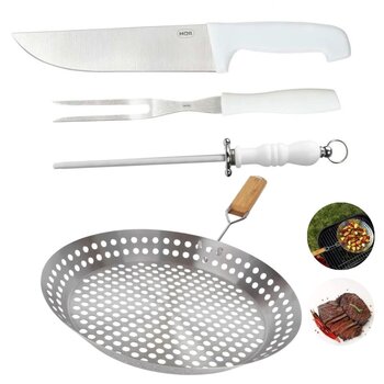 Panela Frigideira Inox Grelhar E Kit Faca, Garfo e Chaira