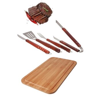 Kit Para Churrasco 4 Peças Inox E Tábua Carnes Grande 50x30