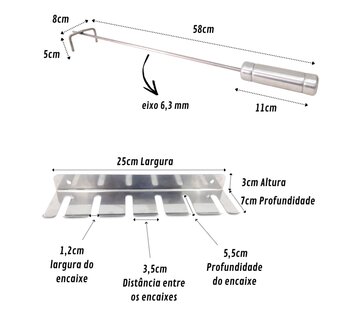 Kit Espeto 60cm Churrasco Suporte Inox Espalha Brasa Coração