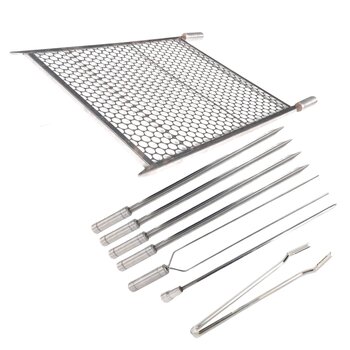 Kit Grelha Inox 50x60 E 6 Espetos E Pegador Carnes Churrasco