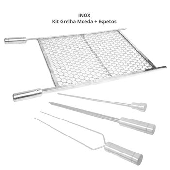 Kit Grelha Moeda 70x40 Inox E Espetos Espada, Duplo, Coração