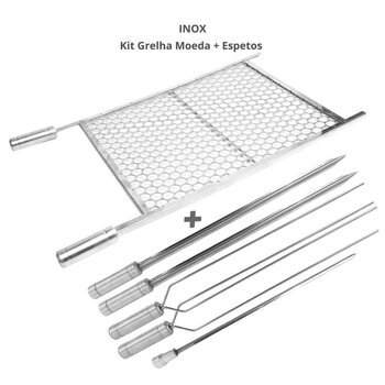 Kit Grelha Moeda 70x60 Inox + 5 Espetos Espada Duplo Coração