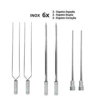 6x Espetos Churrasco Inox Espada/Coração/Duplo Lâmina 70cm