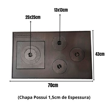 Chapa Fogão A Lenha De 3 Bocas 70x43 Ferro Fundido