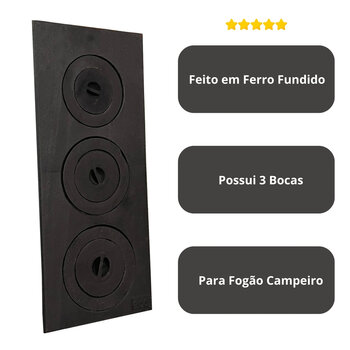 Chapa de Ferro Fundido 3 Bocas 72x31x31 Fogão a Lenha