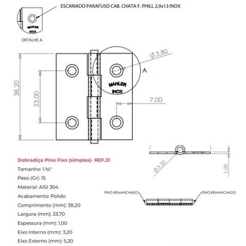 Kit 60 Dobradiças Inox 304 38x34mm Com Pino Fixo Reforçada