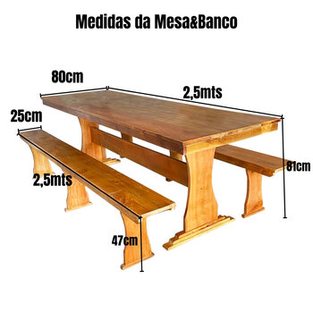 Mesa Rustica Madeira Eucalipto + 2 Bancos com 2,5 Metros