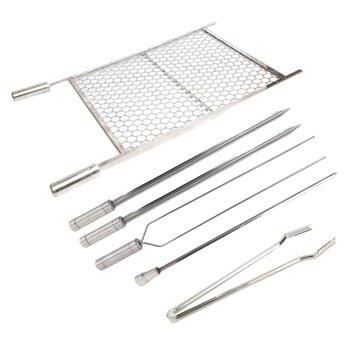 Kit Grelha Inox 70x50 E 4 Espetos E Pegador Carnes Churrasco